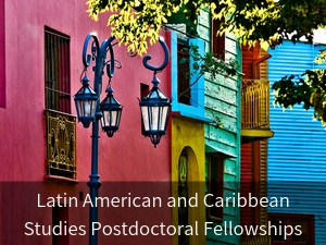 模态框：拉丁美洲和加勒比地区博士后奖学金。背景图片：五颜六色的大厦在波哥大，哥伦比亚。