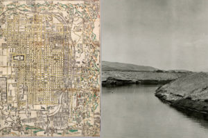 两个并排的图像。左边是一幅细节复杂的日本地图，右边是一幅平静的加利福尼亚水渠的照片